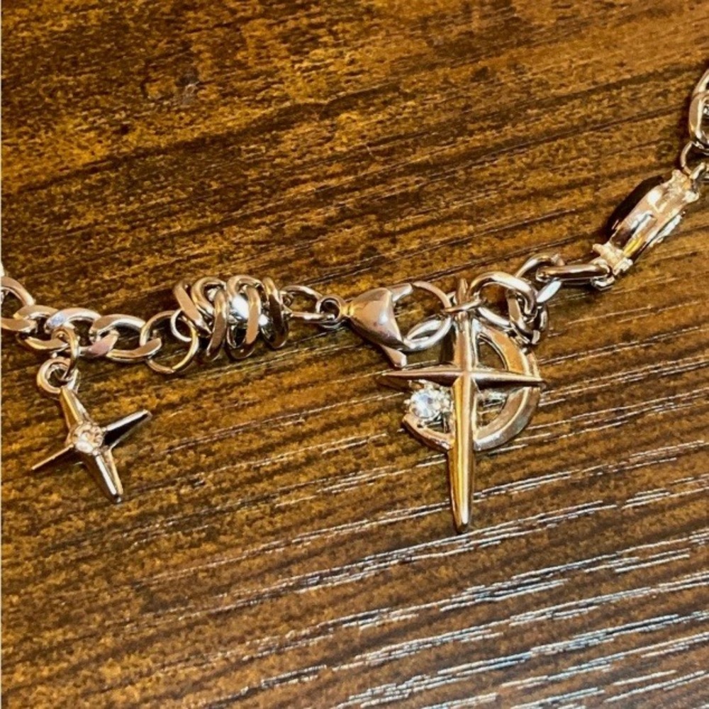 Silver Tone Cross Celestial Star Moon Charm Pendant Necklace with Crystals 21"